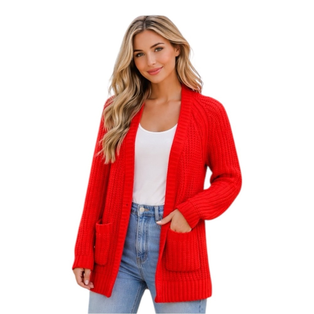 Billabong Chunky Knit Cardigan orange Open Front Pocket Sweater Small